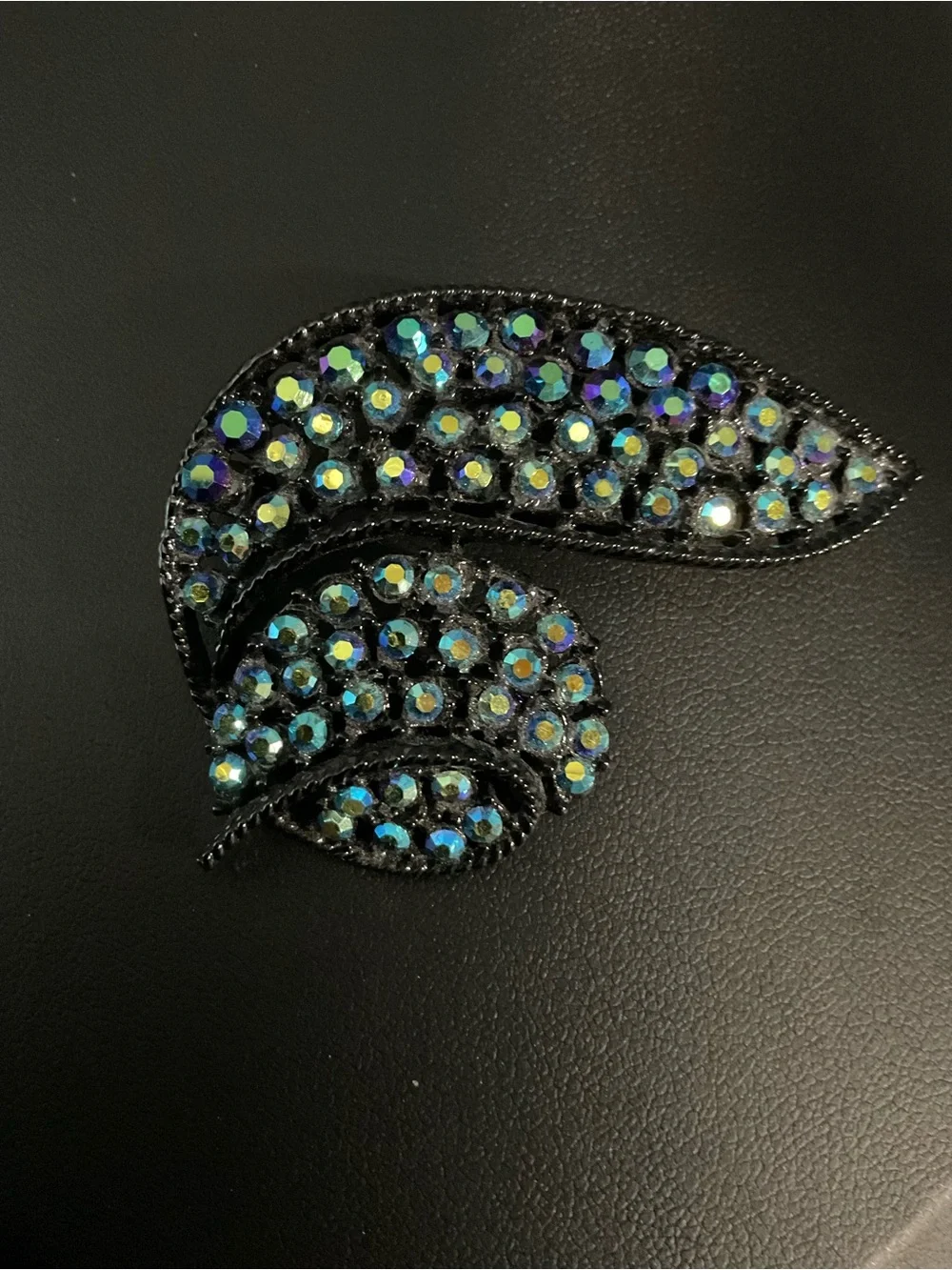 1960s style leaf brooch black enamel and iridescent Aurora Borealis stones 2463